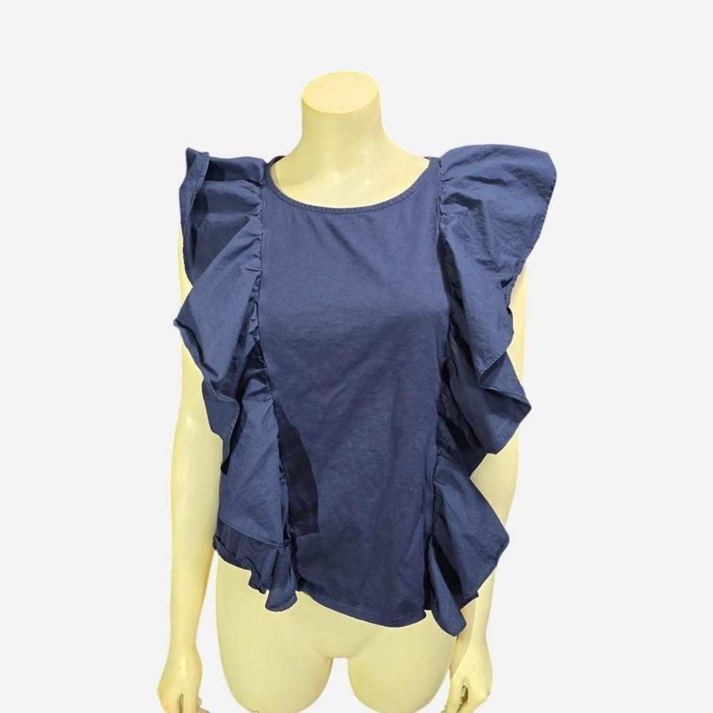 J.Crew Women's Navy Ruffle Sleeveless Top Size M Blouse Shirt Cute Casual